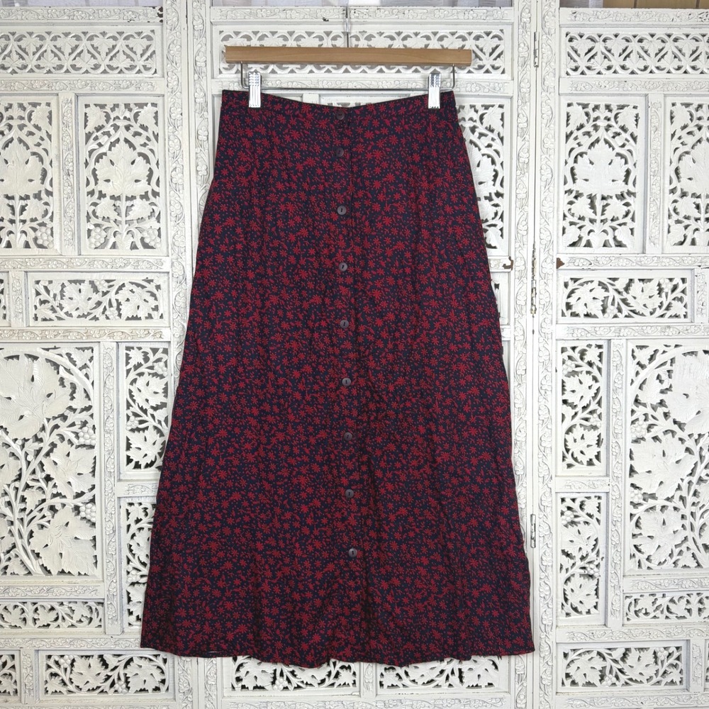 Vtg Talbots Red & Navy Floral Button‎ Up Skirt Sz 8 Fits Smaller Cottage Prairie
